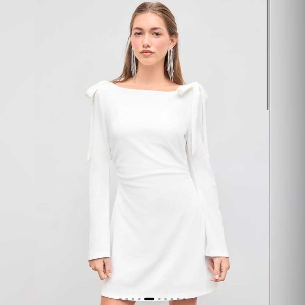 Cider BOAT NECKLINE SOLID RUCHED BOWKNOT MINI DRESS S CR2-23 - Picture 5 of 9